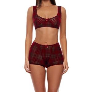 gingham velvet mesh Plaid Red Women's Intimate Set lingerie boy shorts bralette